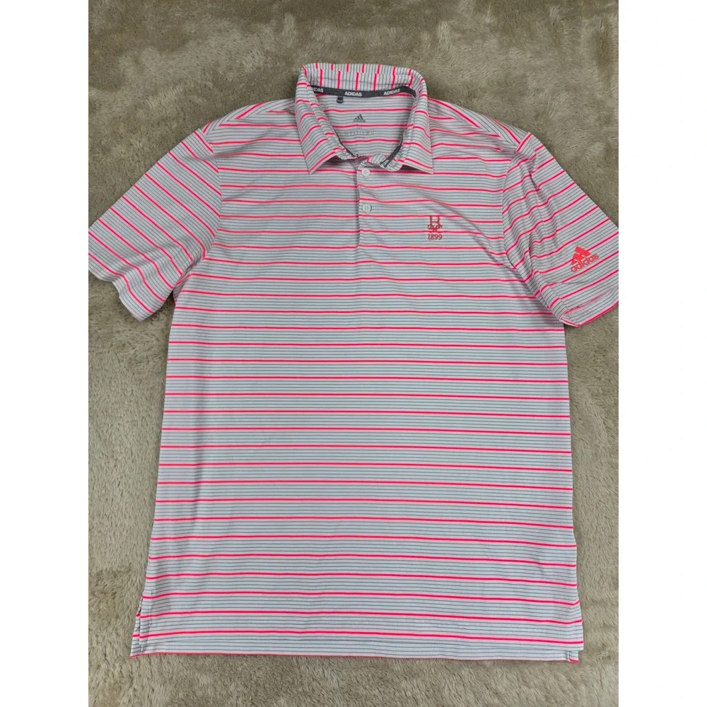 Berkshire Country Club Adidas Golf Polo Mens Medium Gray Pink Stripe Performance